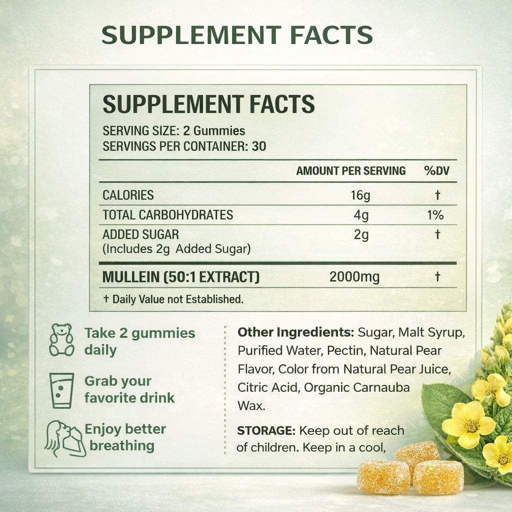 BetterFlow Mullein Gummies supplement facts label - 2000mg mullein extract per serving with natural pear flavor