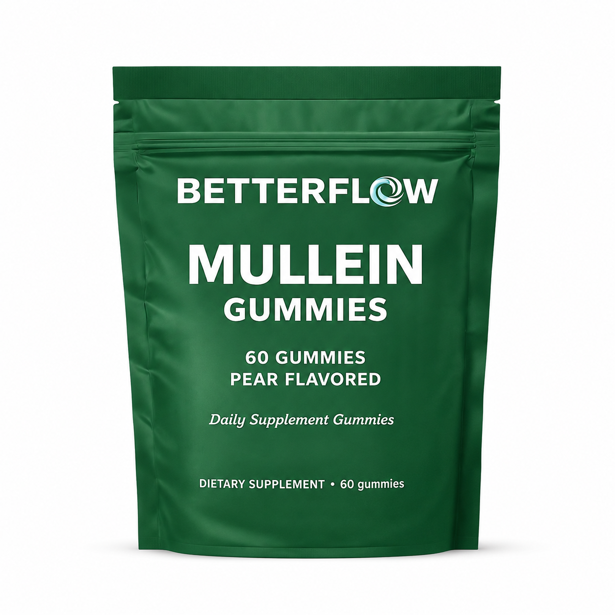 BetterFlow Mullein Gummies — premium mullein leaf extract pouch, 60 pear-flavored gummies
