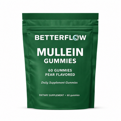 BetterFlow Mullein Gummies — premium mullein leaf extract pouch, 60 pear-flavored gummies