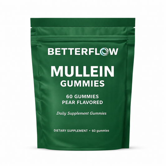 BetterFlow Mullein Gummies — premium mullein leaf extract pouch, 60 pear-flavored gummies